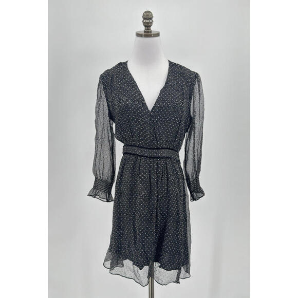 Ba&sh Noir Black Dots Chiffon Silk A Line Dolly Lady Dress Sz M - Picture 1 of 8